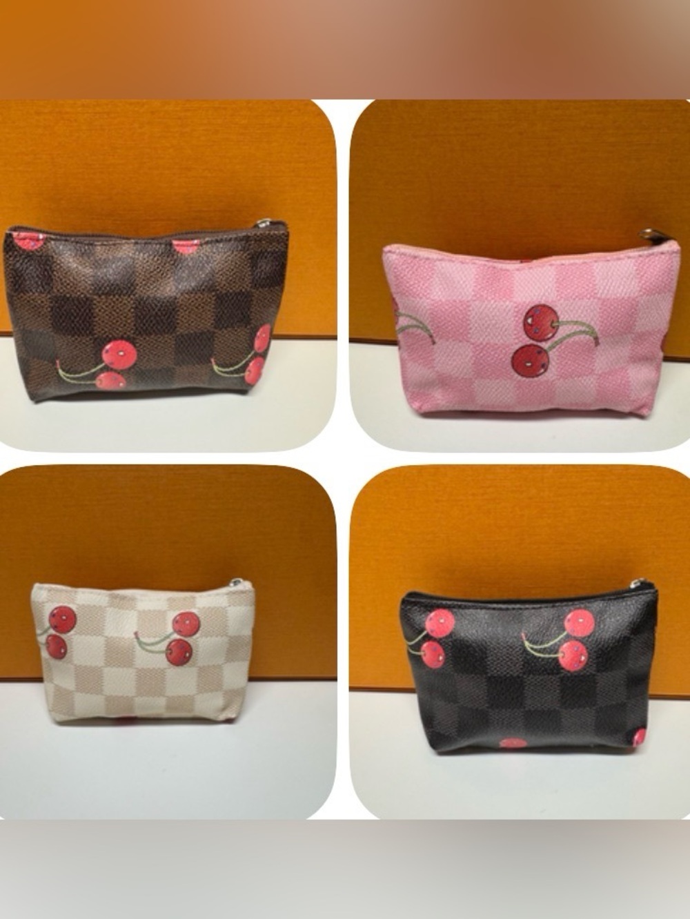 New Brwn/blk/pink/or white Checkered coin or card holder Pouch w/ Red 🍒